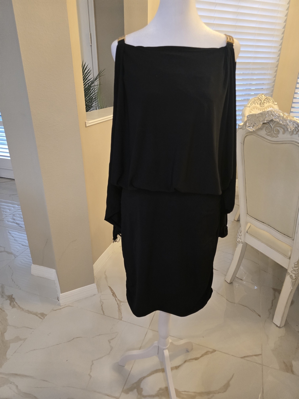 Propper Black Off-Shoulder Mini Dress with Gold Strap Details